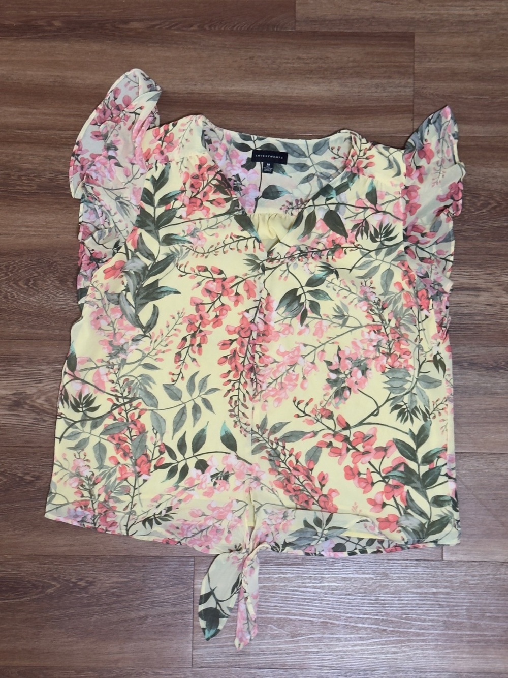 Investments Yellow Floral Tie-Front Flutter Sleeve Blouse